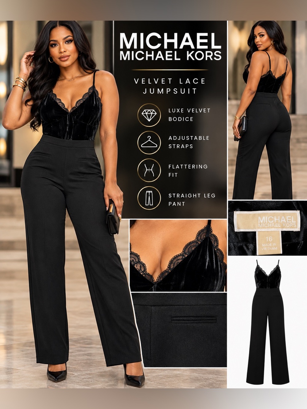 Michael Kors Black Velvet Lace Bodice Jumpsuit